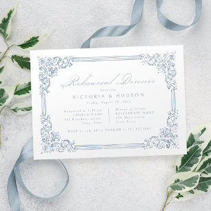 Dusty Blue Vintage Frame Elegant Rehearsal Dinner Invitation