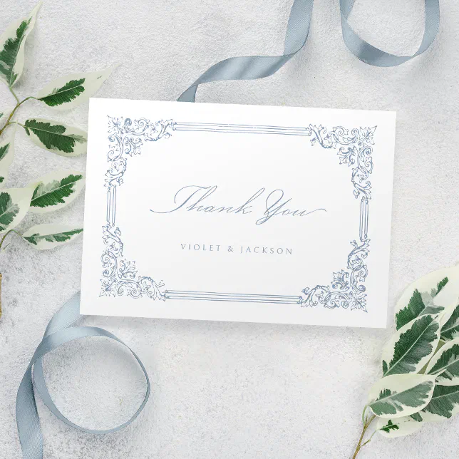 Dusty Blue Vintage Frame Elegant Script Thank You Card | Zazzle