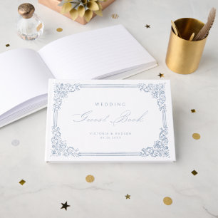 Dusty Blue Vintage Frame Elegant Script Wedding Guest Book