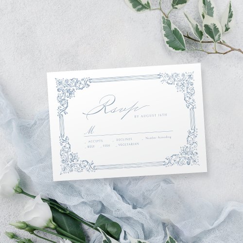 Dusty Blue Vintage Frame Elegant Script Wedding RSVP Card