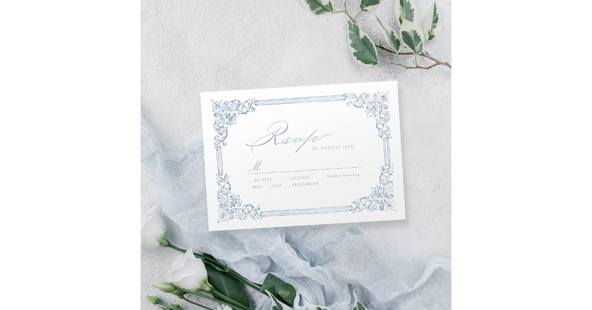 Dusty Blue Vintage Frame Elegant Script Wedding RSVP Card | Zazzle