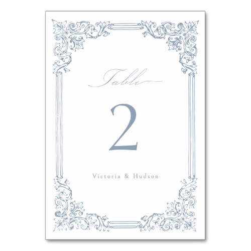 Dusty Blue Vintage Frame Elegant Script Wedding Table Number
