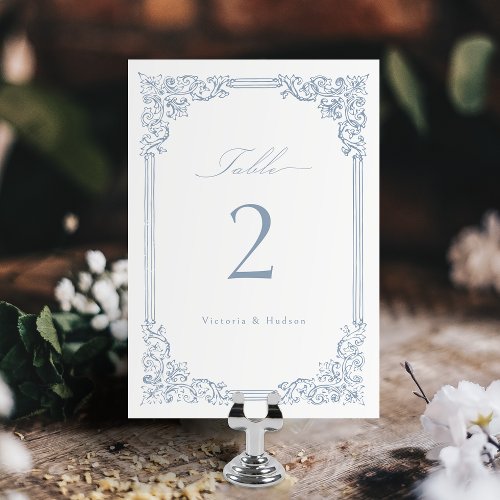 Dusty Blue Vintage Frame Elegant Script Wedding Table Number