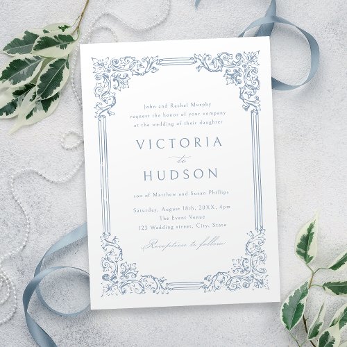 Dusty Blue Vintage Frame Elegant Wedding  Invitation
