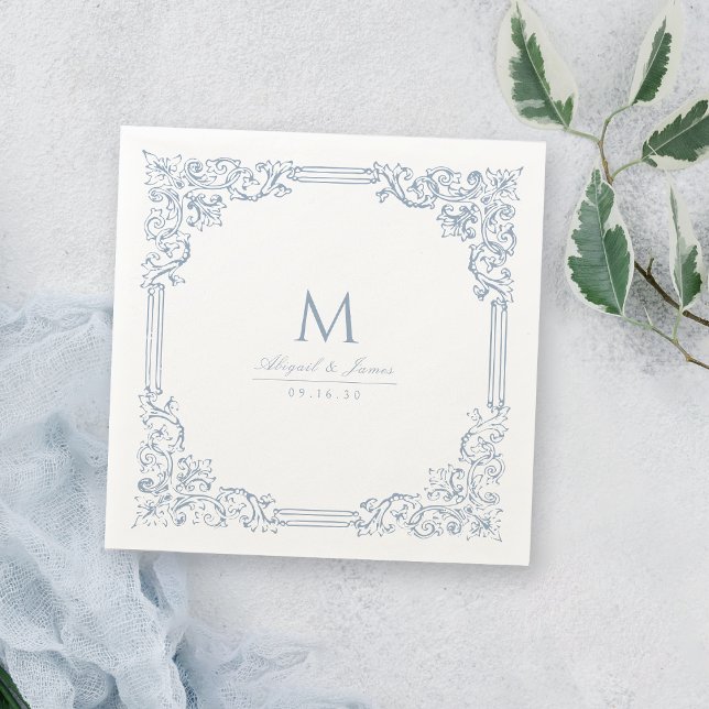 Dusty Blue Vintage Frame Elegant Wedding Monogram Napkins (Dusty Blue Vintage Frame Elegant Wedding Monogram Napkins)
