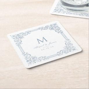 Dusty Blue Vintage Frame Elegant Wedding Monogram Square Paper Coaster