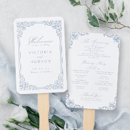 Dusty Blue Vintage Frame Elegant Wedding Program Hand Fan