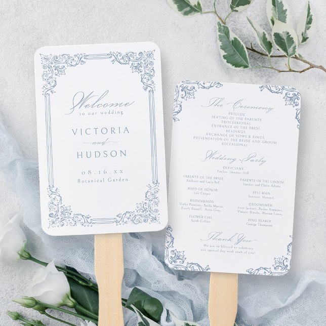 Dusty Blue Vintage Frame Elegant Wedding Program Hand Fan (Dusty Blue Vintage Frame Elegant Wedding Program Hand Fan)