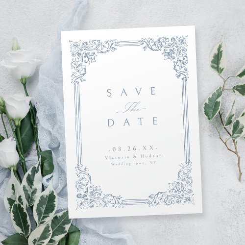 Dusty Blue Vintage Frame Elegant Wedding  Save The Date
