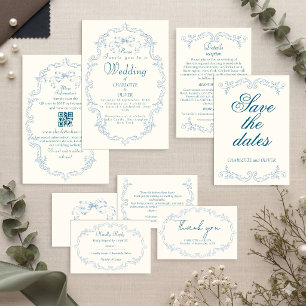 Dusty Blue Vintage French Toile Wedding Invitation