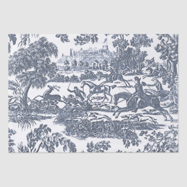 Dusty Blue Vintage Hunting Horses and Hounds Tissue Paper (Front)