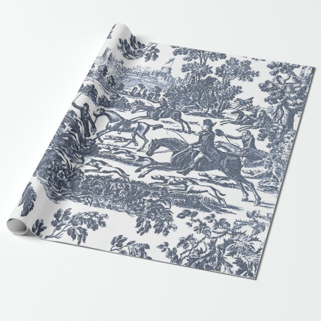 Dusty Blue Vintage Hunting Horses and Hounds Wrapping Paper (Unrolled)
