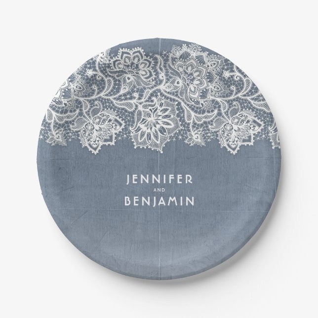 Dusty Blue Vintage Lace Wedding Paper Plates (Front)