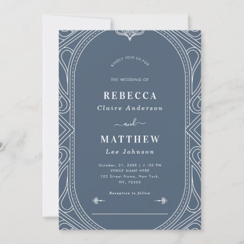 Dusty Blue Vintage Modern Deco Geometric Wedding Invitation