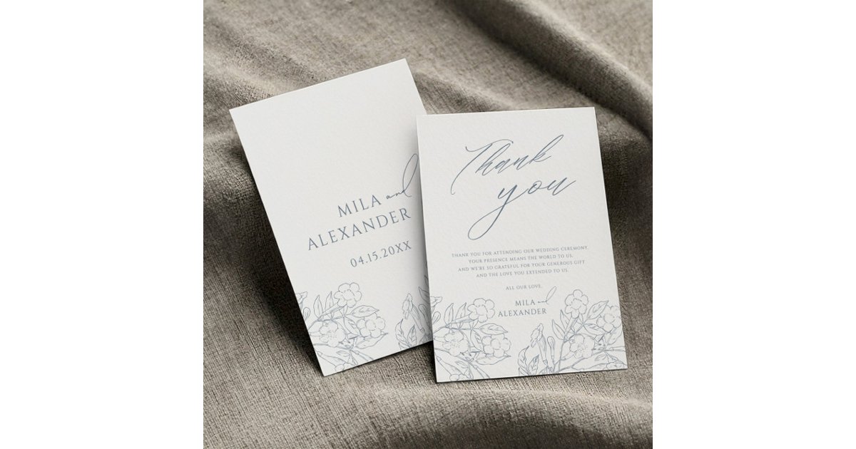 Dusty Blue Vintage Modern Floral Wedding Thank You Card | Zazzle
