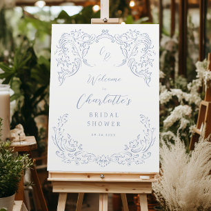 Dusty Blue Vintage Monogram Bridal Shower Sign