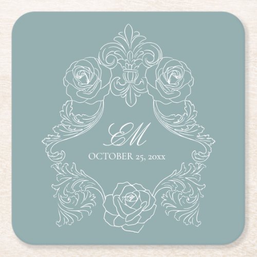 Dusty Blue Vintage Monogram Crest Wedding Logo Square Paper Coaster
