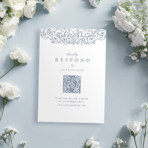 Dusty Blue Vintage Ornate Frame Classic QR Code RSVP Card