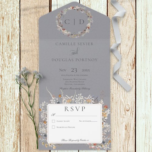 Dusty Blue Vintage Romantic Wildflower No Dinner All In One Invitation