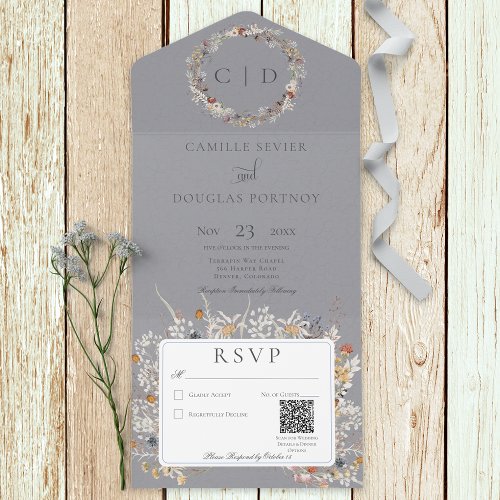 Dusty Blue Vintage Romantic Wildflower QR Code All In One Invitation
