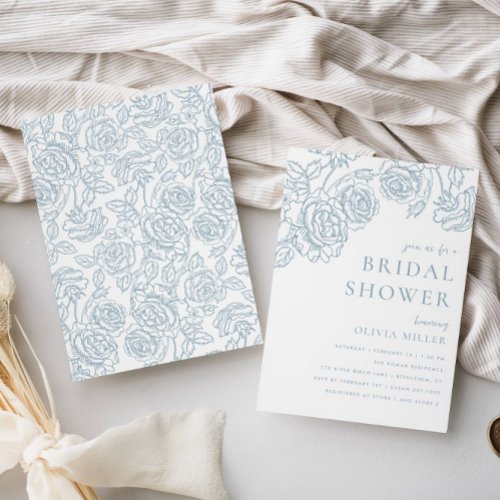 Dusty Blue Vintage Rose Bridal Shower Invitation