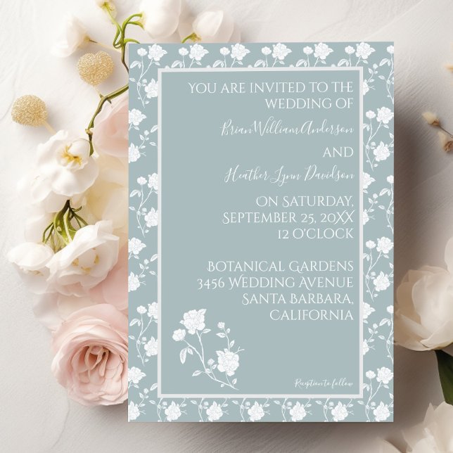 Dusty Blue Vintage Rose Wedding Invitation (Dusty Blue Rose Wedding Invitation)