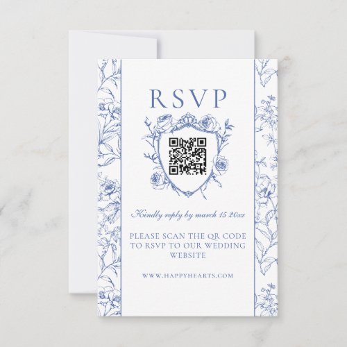 Dusty Blue Vintage Roses Crest Wedding QR Code RSVP Card
