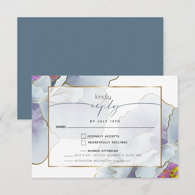 Dusty Blue Violet Exotic Floral Meal Choice RSVP Card (Front/Back)