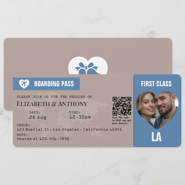 Dusty Blue & Warm Taupe Boarding Pass Wedding Invitation (Front/Back)