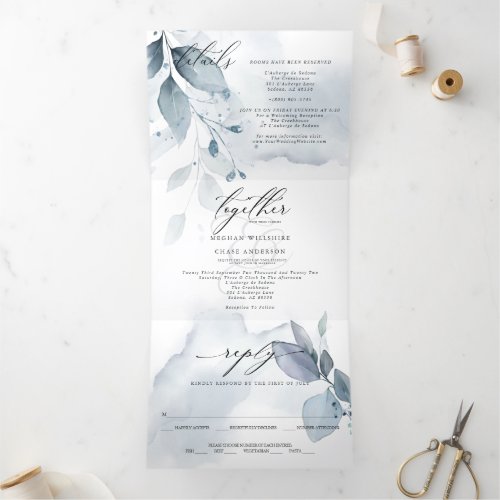 Dusty Blue Watercolor  ALL IN ONE WEDDING  Tri_Fold Invitation