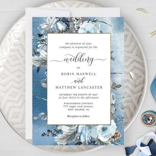 Dusty  Blue Watercolor and Elegant Floral Wedding Invitation