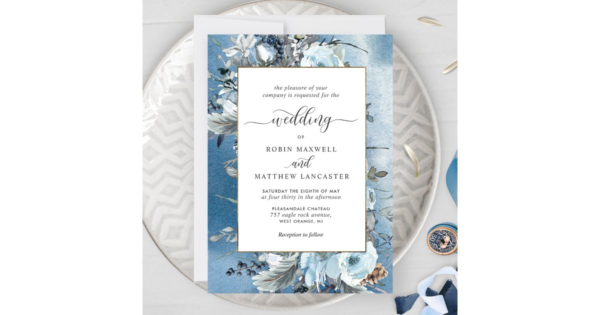 Dusty Blue Watercolor and Elegant Floral Wedding Invitation | Zazzle