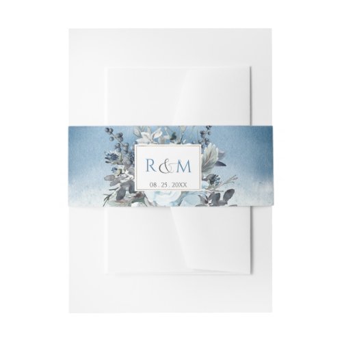 Dusty Blue Watercolor and Floral Wedding Initials Invitation Belly Band