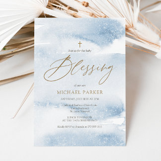 Dusty Blue Watercolor Baby Blessing Invitation