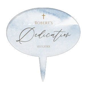 Dusty Blue Watercolor Baby Boy Dedication Cake Topper