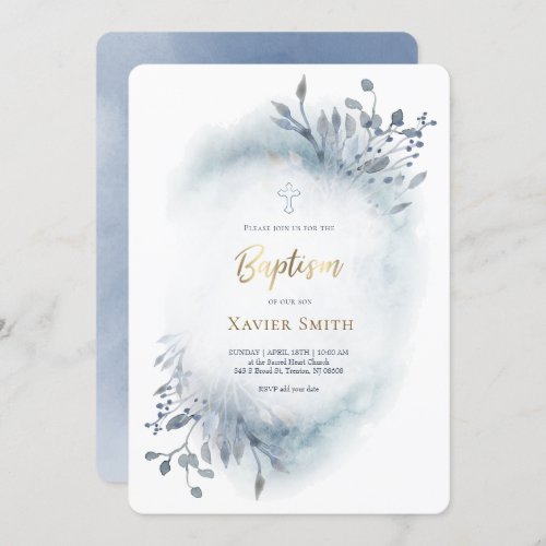 dusty blue watercolor  Baptism baby boy Invitation