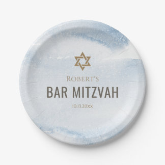 Dusty Blue Watercolor Bar Mitzvah Paper Plates