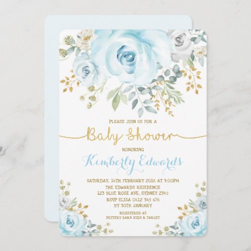 Dusty Blue Watercolor Blue Floral Rose Baby Shower Invitation