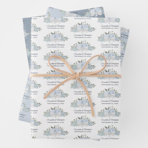Dusty Blue Watercolor Boho Floral Bouquet Wedding Wrapping Paper Sheets