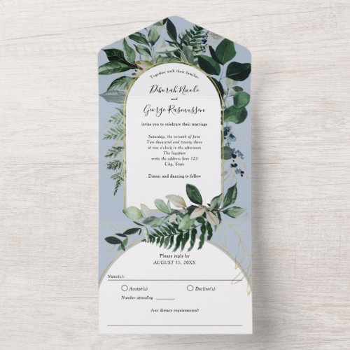 Dusty BLue Watercolor Botanic Greenery Boho Arch All In One Invitation