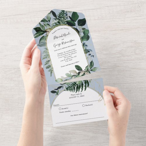 Dusty BLue Watercolor Botanic Greenery Boho Arch  All In One Invitation