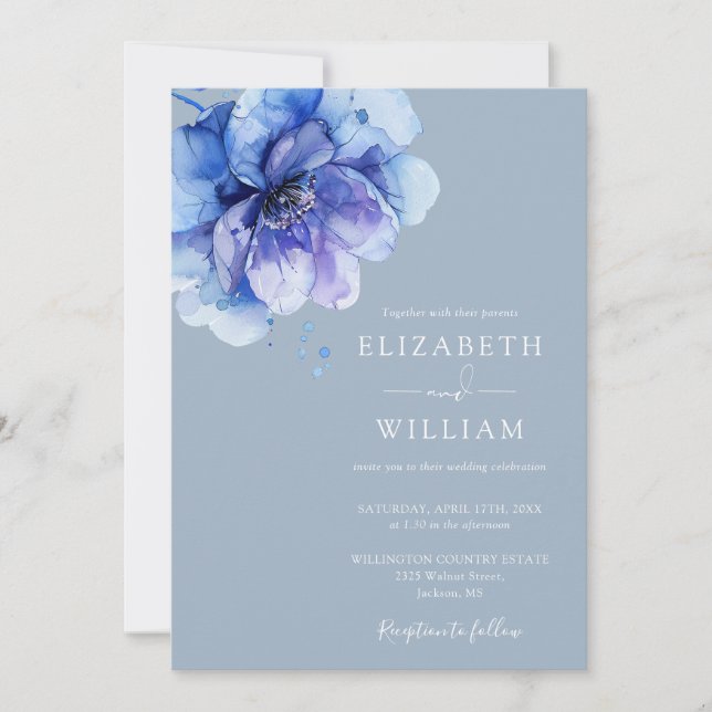 Dusty Blue Watercolor Botanical All In One Wedding Invitation (Front)