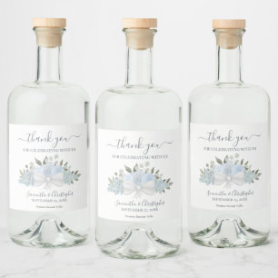 Dusty Blue Watercolor Bouquet Wedding Thank You Liquor Bottle Label
