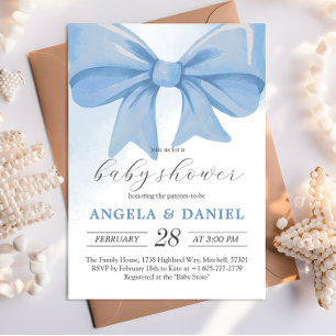Dusty Blue Watercolor Bow Baby Shower Invitation