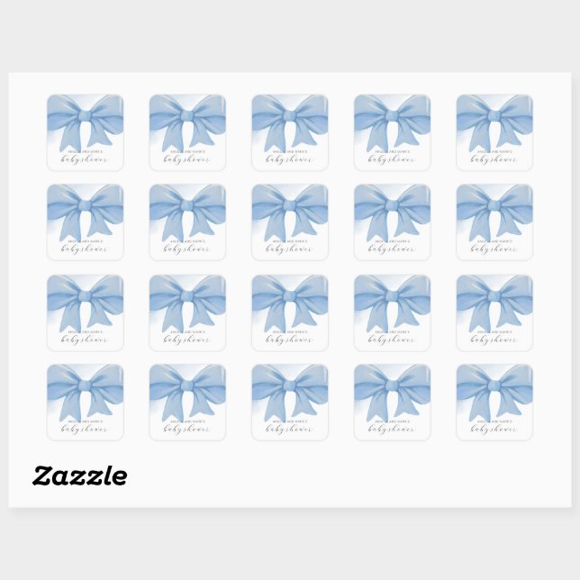 Dusty Blue Watercolor Bow Baby Shower Square Sticker (Sheet)