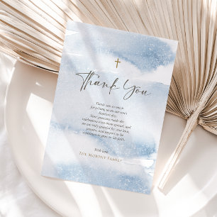 Dusty Blue Watercolor Boy Baptism Thank You Card