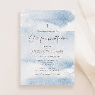 Dusty Blue Watercolor Boy Confirmation Invitation