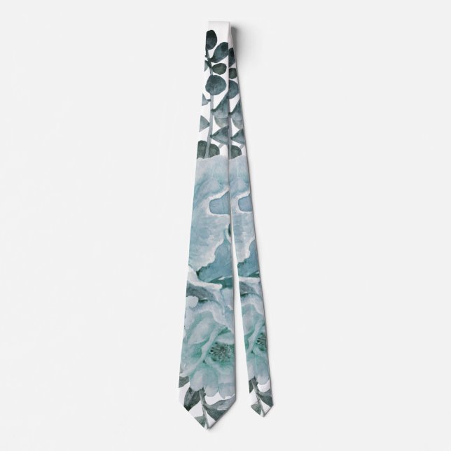 Dusty blue watercolor cactus flowers, succulent neck tie (Front)