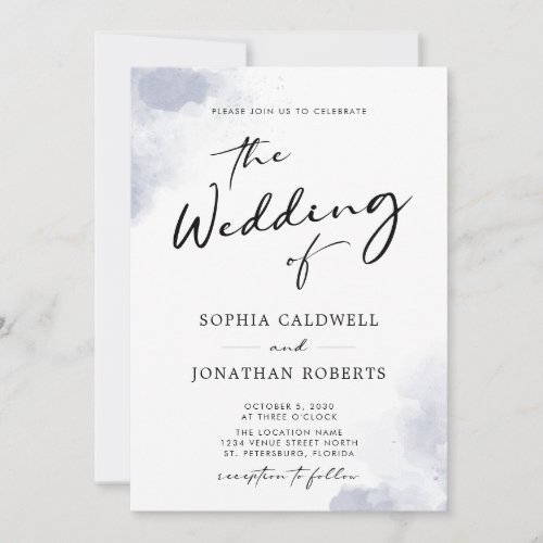 Dusty Blue Watercolor Calligraphy QR Code Wedding Invitation