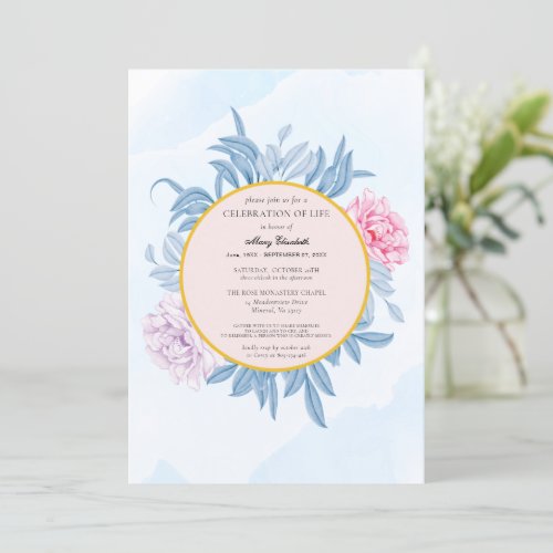 Dusty Blue Watercolor Celebration Of Life Funeral Invitation